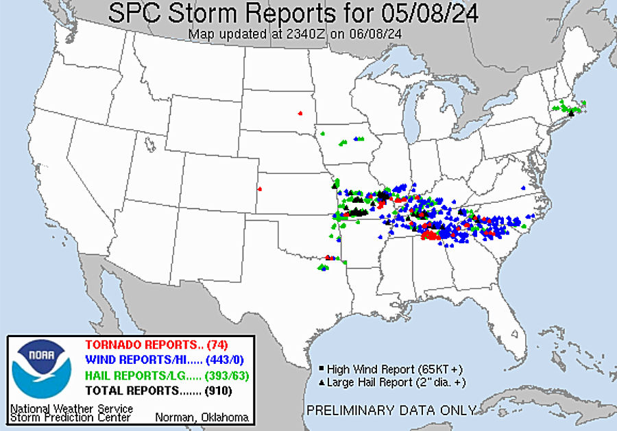 Storm Prediction Center Storm Reports from May 8, 2024 